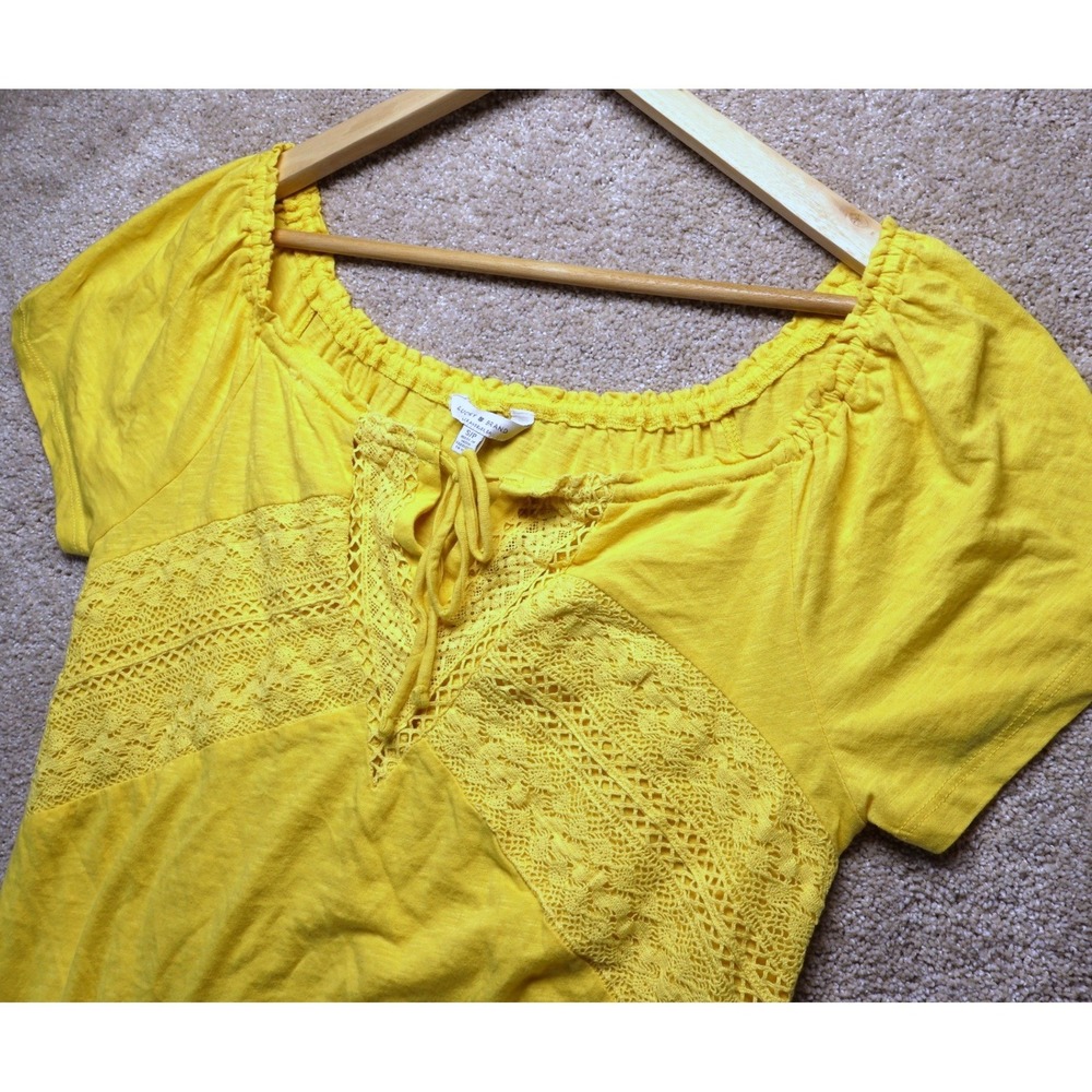 Lucky Brand Yellow Lace Inset Off The Shoulder Tie Neck Top Crochet NWOT Size S